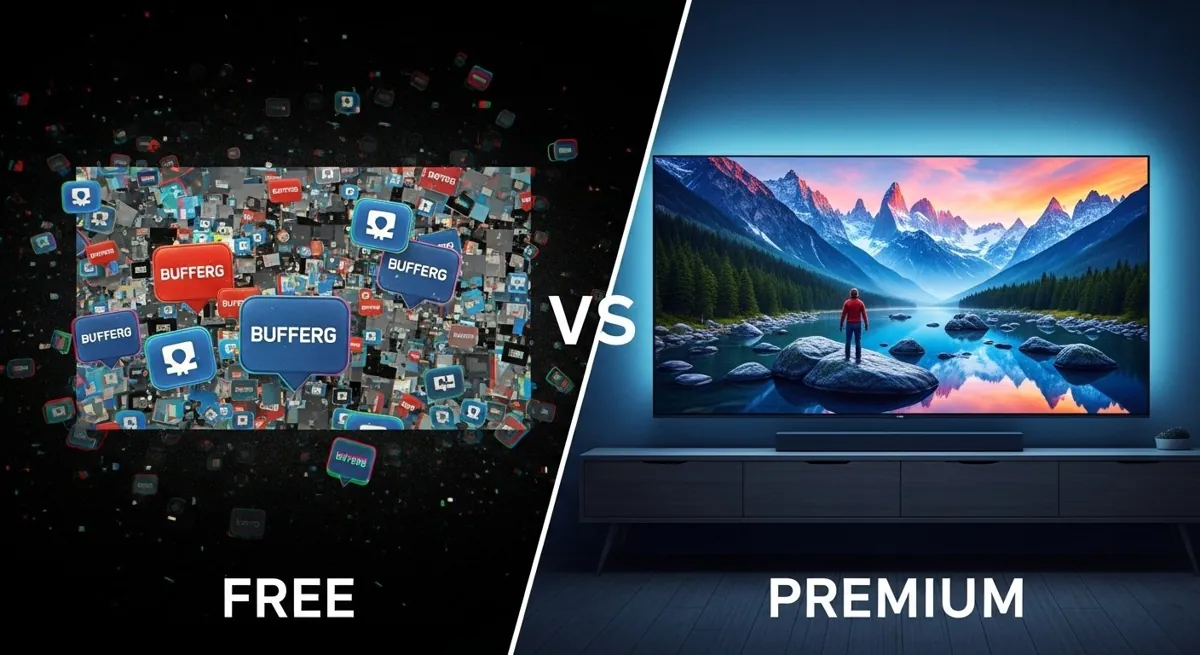 A split-screen comparison showing a pixelated, buffering screen for free IPTV on one side, and a crystal-clear, high-definition image for premium IPTV on the other.