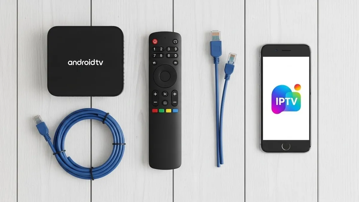 Ο απαραίτητος εξοπλισμός για εγκατάσταση IPTV: ένα Android TV box, ένα τηλεχειριστήριο, ένα καλώδιο Ethernet και ένα smartphone.