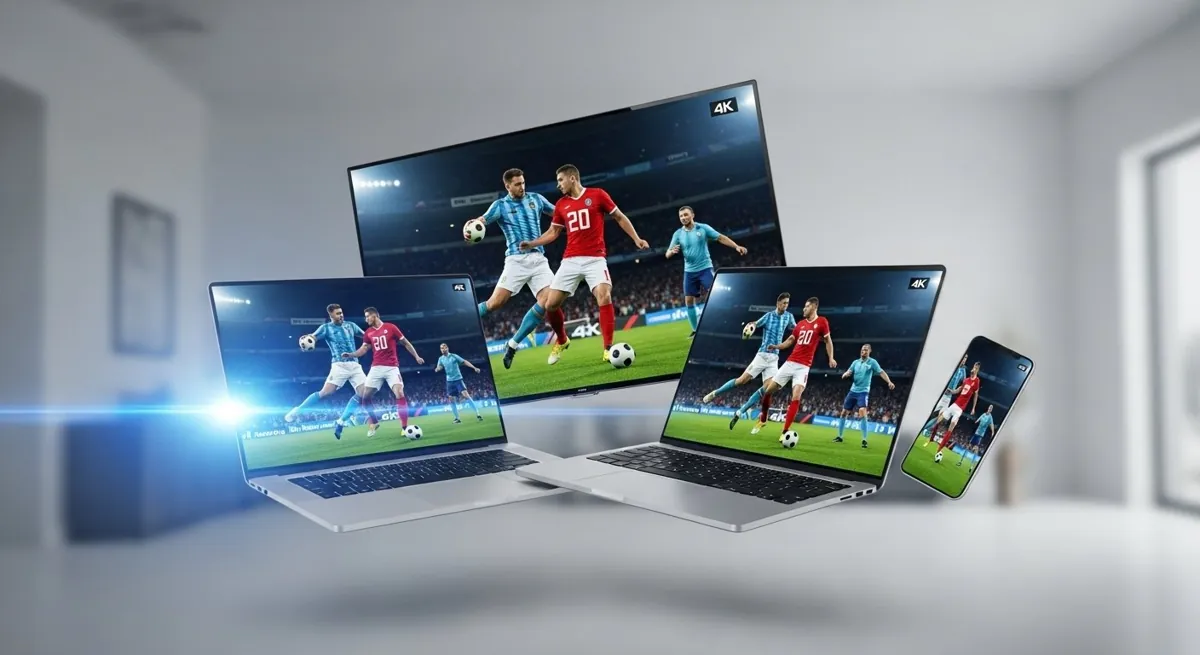 A football match being streamed simultaneously and in sync across four different devices: a smart TV, a laptop, a tablet, and a smartphone.