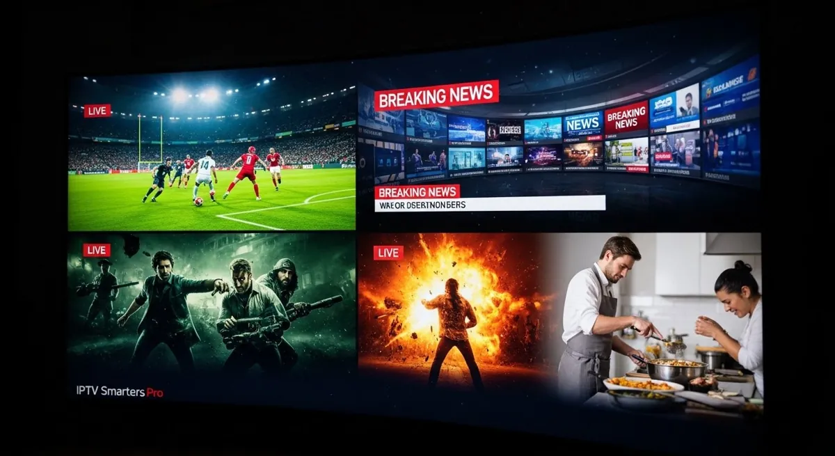 Μια Smart TV που δείχνει τη λειτουργία Multi-Screen του IPTV Smarters Pro, αναπαράγοντας τέσσερα διαφορετικά κανάλια ταυτόχρονα.