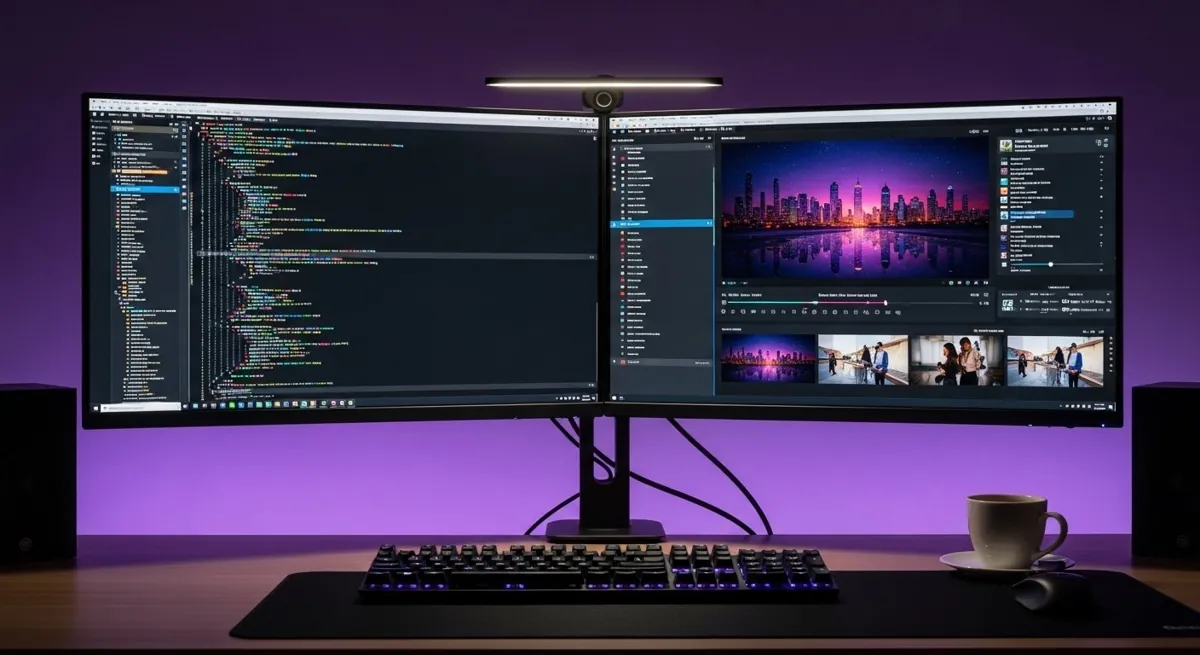 Ένα σύγχρονο γραφείο με πολλαπλές οθόνες υπολογιστή που προβάλλουν m3u καναλια και ψηφιακό περιεχόμενο.