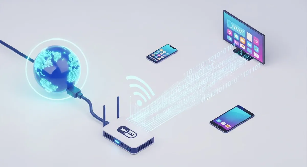 3D illustration showing internet connectivity between a router and multiple devices for streaming.