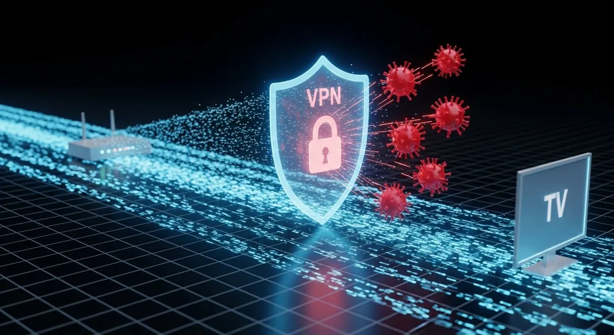 Εννοιολογική εικόνα που δείχνει μια ασπίδα VPN να προστατεύει τη ροή δεδομένων μιας IPTV σύνδεσης από ψηφιακές απειλές.
