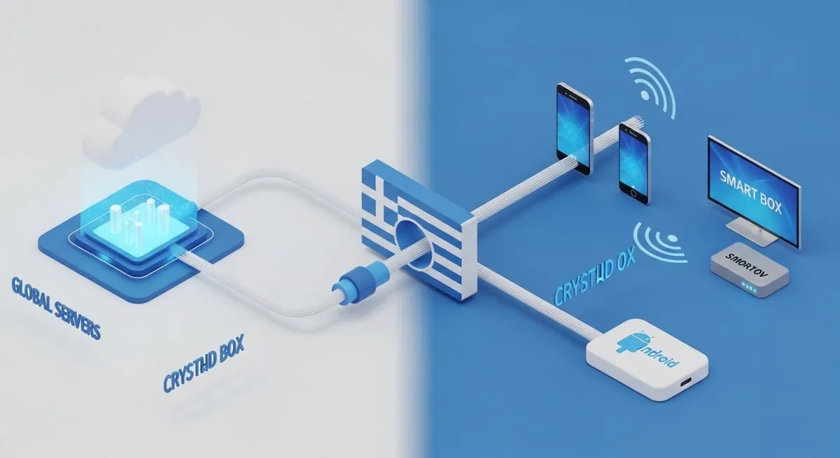 Technical diagram showing how IPTV streaming data moves from servers to multiple devices like smartphones and TVs.