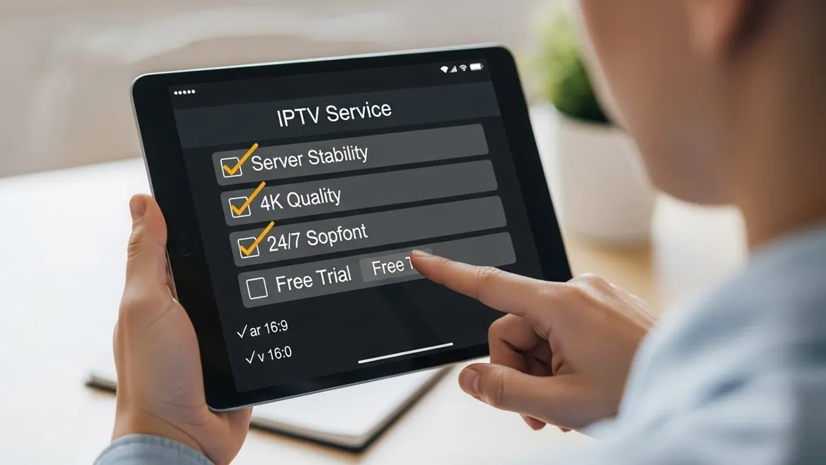 A person comparing Greek IPTV provider features like server stability and 4K quality on a tablet checklist, representing how to choose an IPTV service.