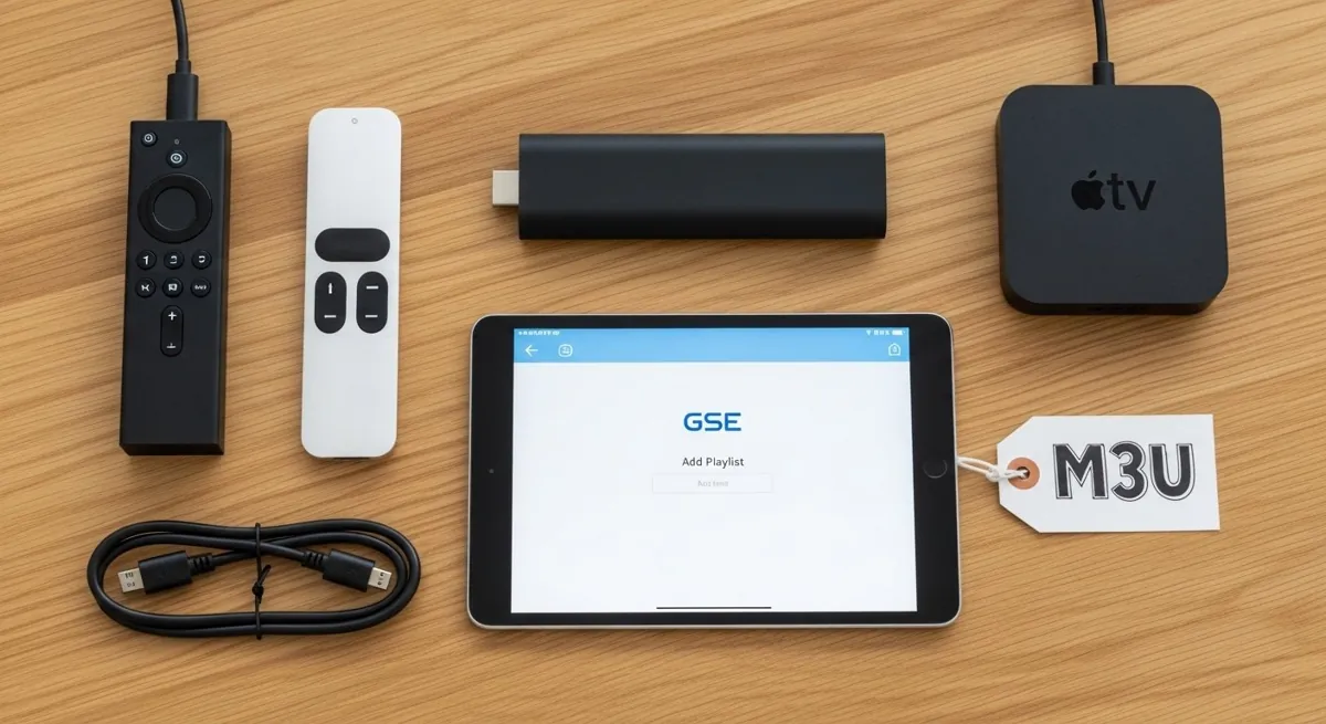 Various streaming devices (Fire Stick, Apple TV) arranged around a tablet showing the GSE IPTV setup screen.