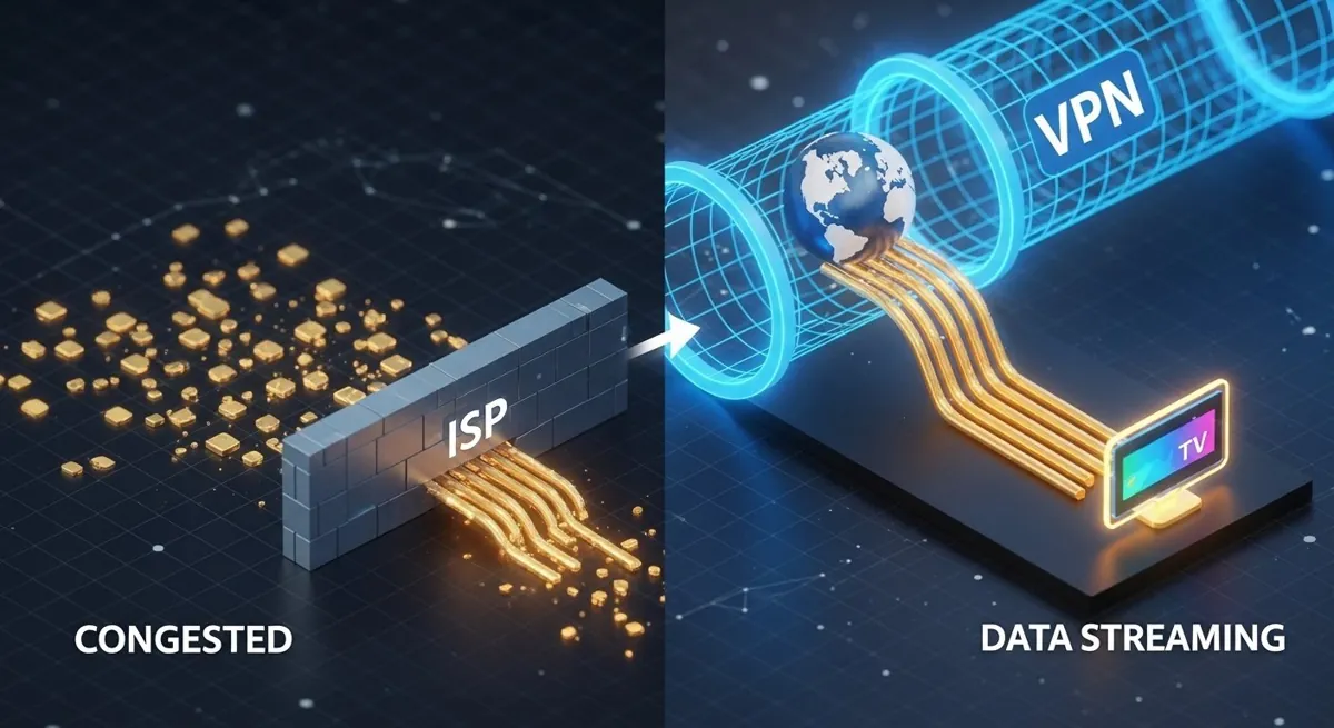 Digital illustration showing a secure VPN tunnel bypassing an ISP barrier to deliver smooth, high-speed data to a television.