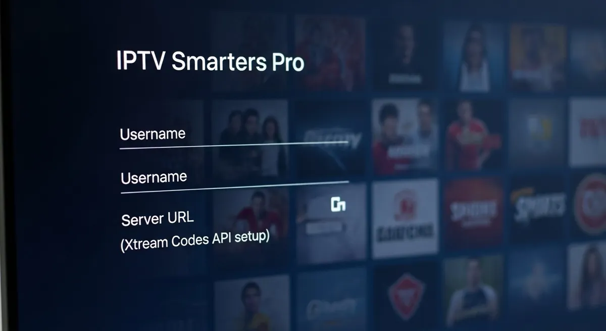 The login screen of IPTV Smarters Pro on a Samsung TV showing fields for Xtream Codes API connection.